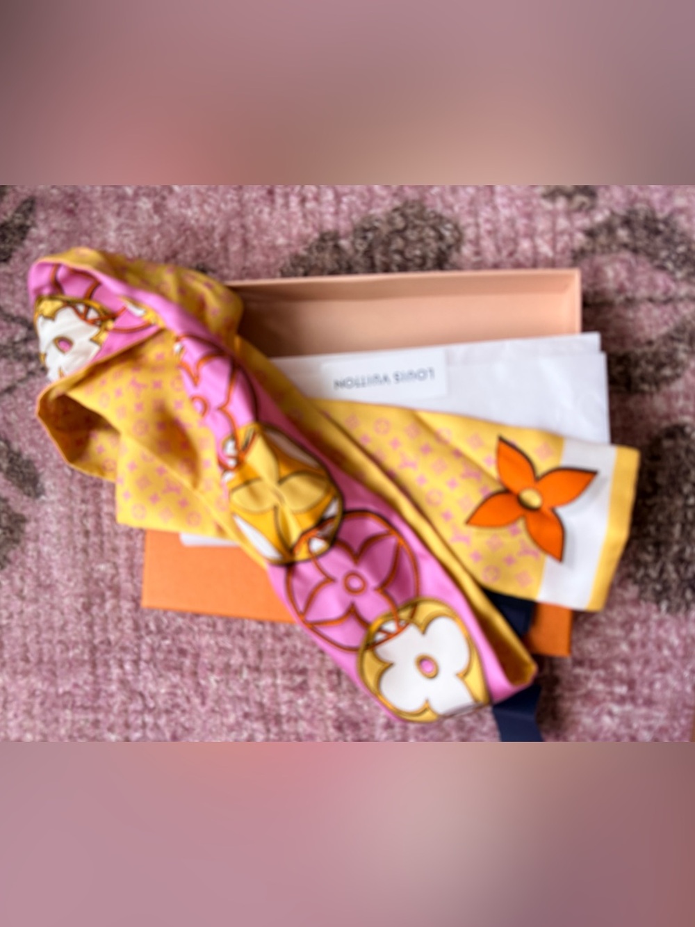 Louis Vuitton Yellow & Pink Silk Bandeau Scarf-Authentic/Sold Out